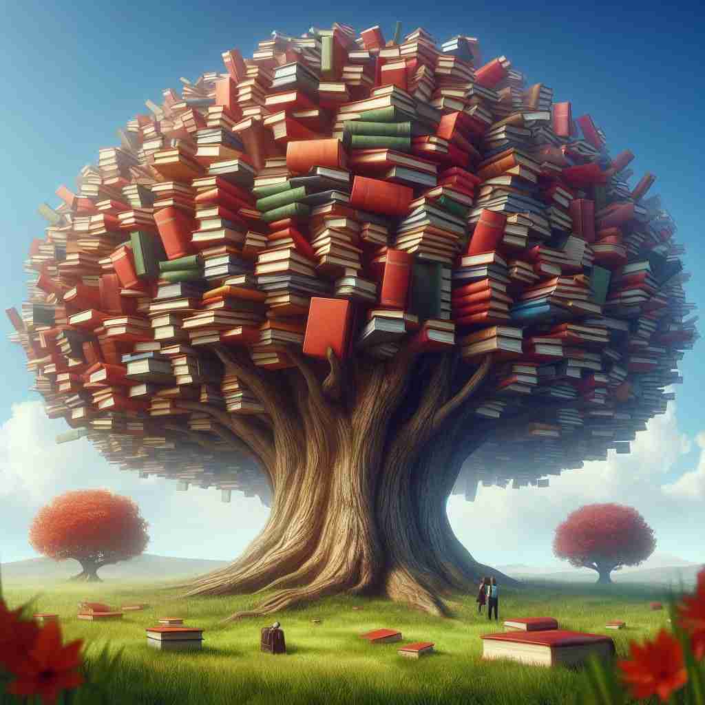 A large tree with branches filled with books instead of leaves stands in a grassy field, with a few smaller book-covered trees and scattered books nearby.