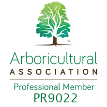 Arboricultural Association logo featuring a green tree above the text "Arboricultural Association Professional Member PR9022," representing expertise as an arborist and tree surgeon specialising in hedge cutting and professional tree care.