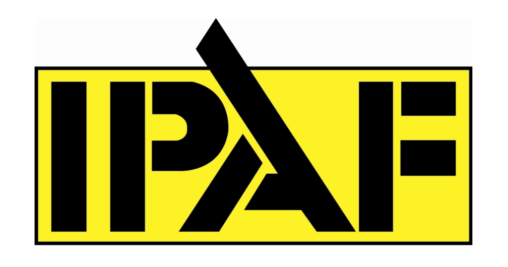 The black letters IPAF are displayed in bold on a yellow rectangular background, with the letter A stylised as a diagonal line intersecting the letters.