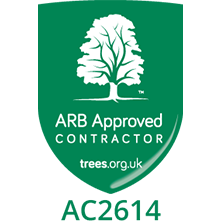 Green shield logo with a white tree, text "ARB Approved Contractor," "trees.org.uk," and code "AC2614" below—representing a trusted arborist and tree surgeon service in South Shields.