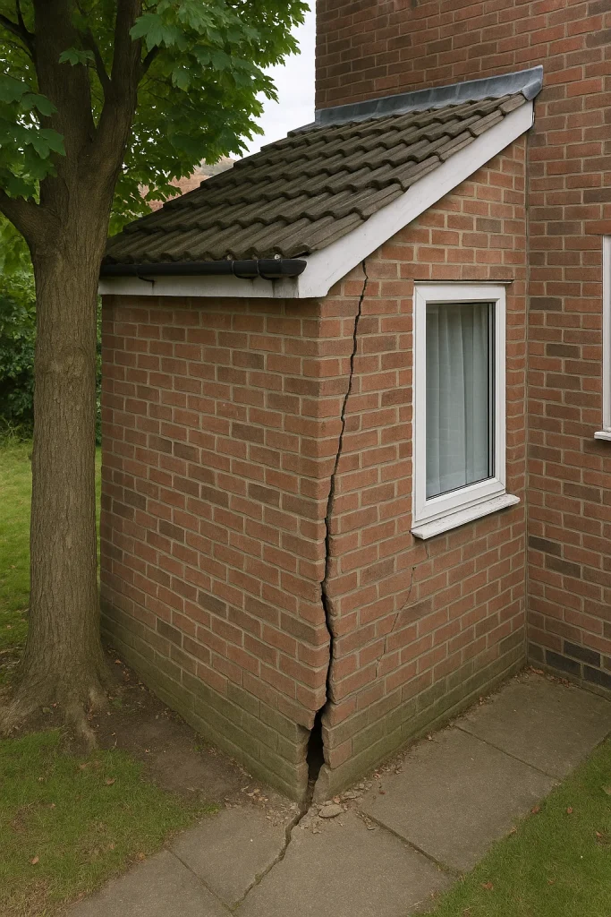 An AI generated photo showing an exaggerated version of diagonal cracks associated with tree related subsidence.